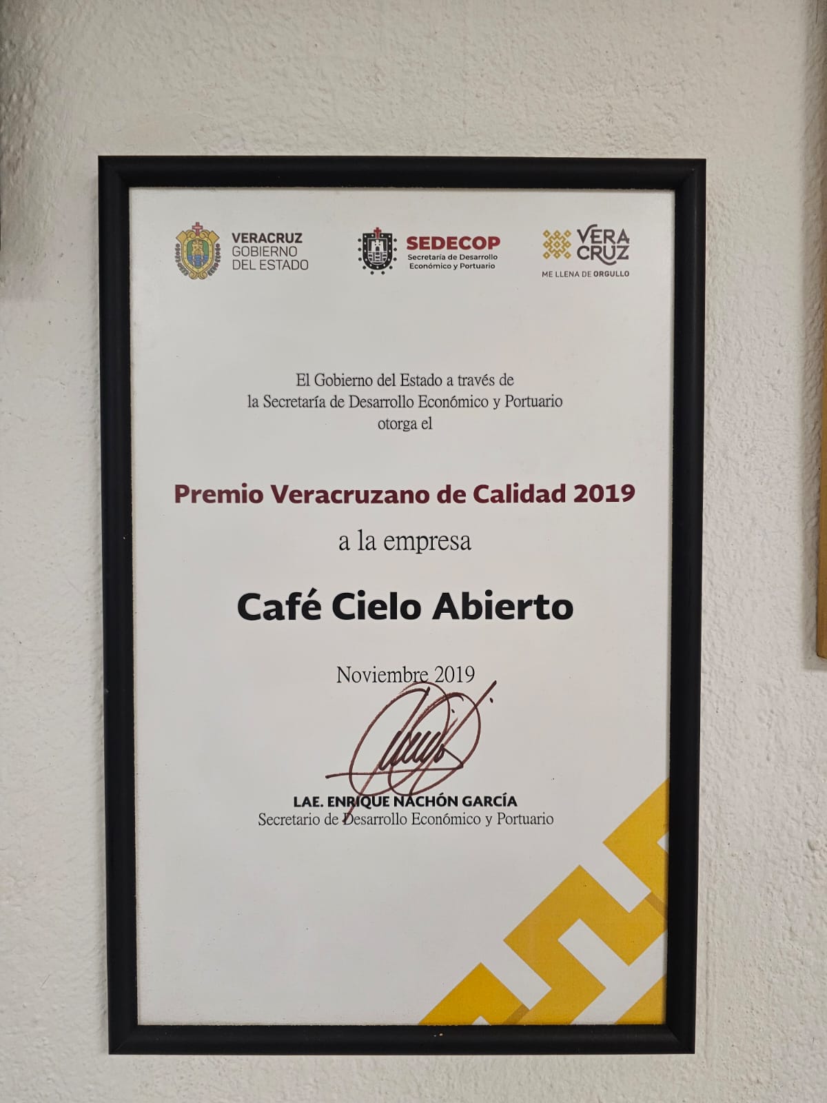 Premio Veracruzano de Calidad 2019 otorgado a Café Cielo Abierto