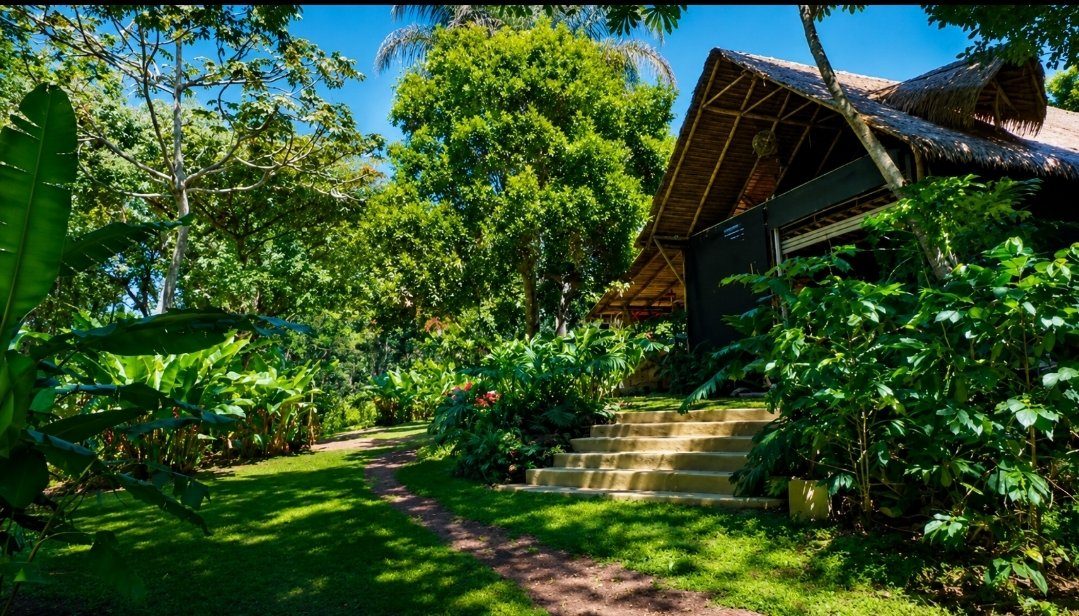 La palapa y el jardín de la finca Cielo Abierto en Coatepec — la cafetería entre el cafetal