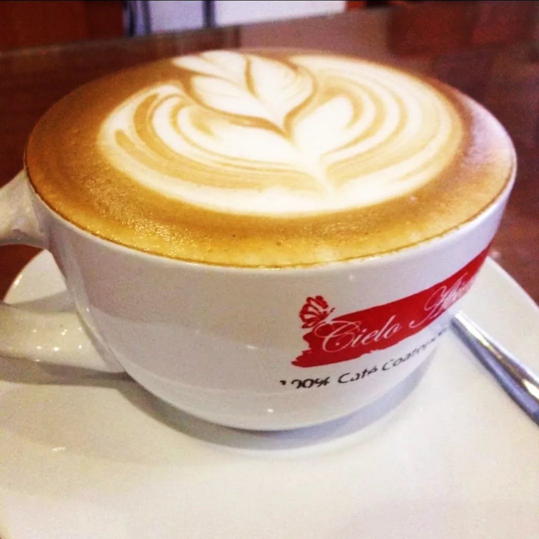 Taza de Cielo Abierto servida en la cafetería de la finca, con latte art