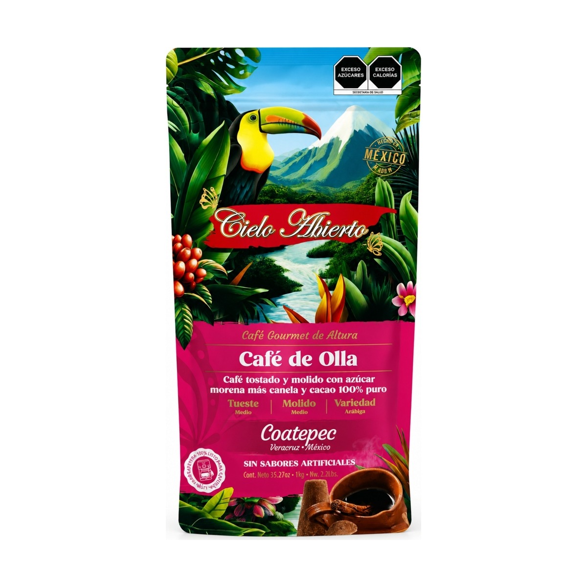 Bolsa rosa de Café de Olla de Cielo Abierto de frente, con tucán y selva