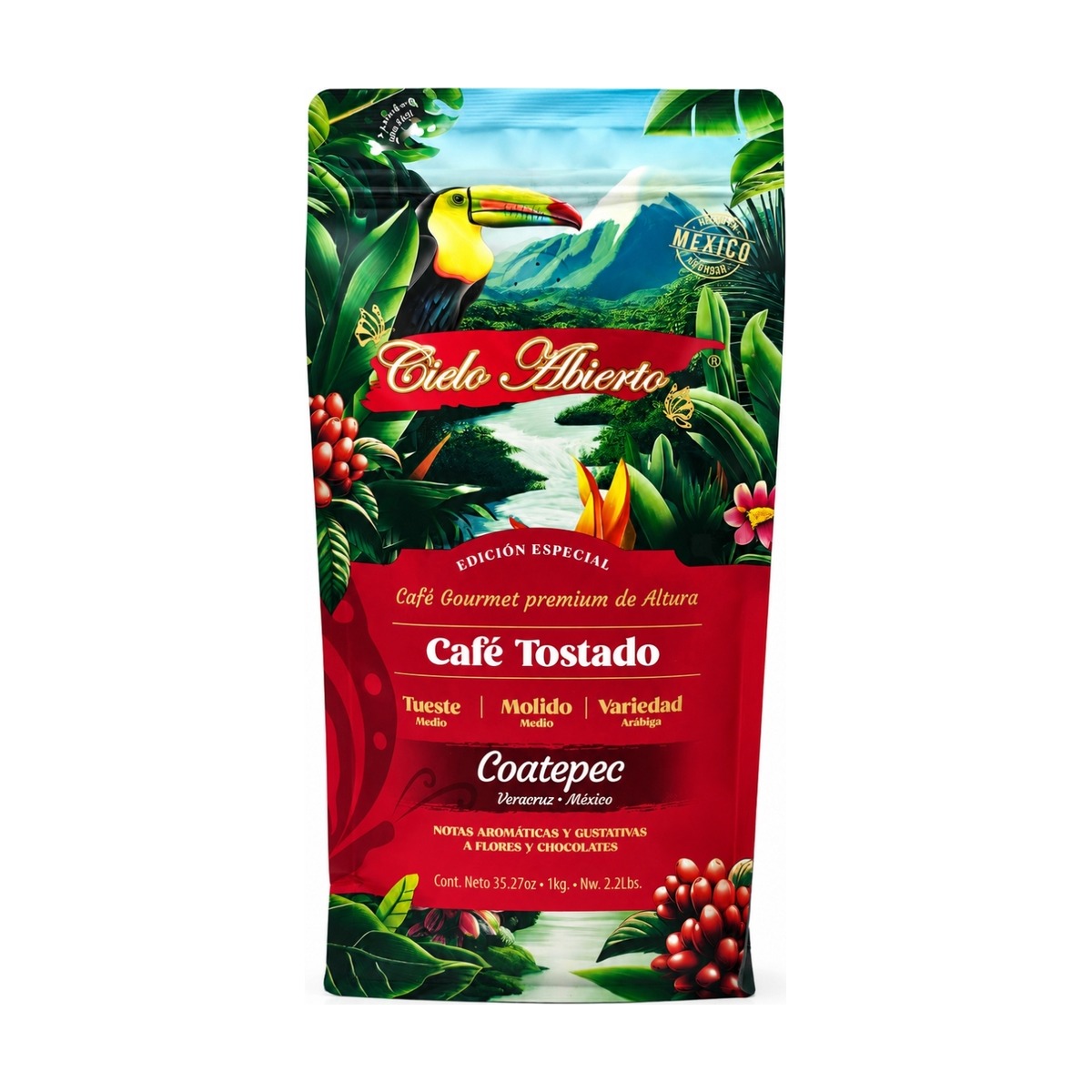 Bolsa de Café Tostado de Cielo Abierto de frente, con tucán y selva