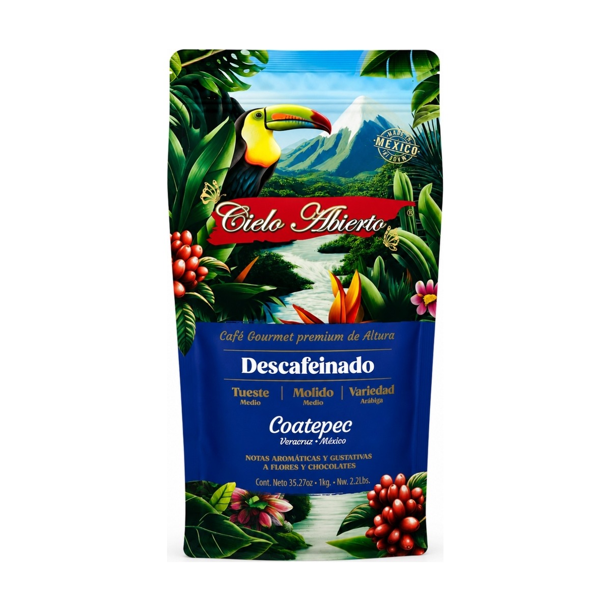 Bolsa azul de Descafeinado de Cielo Abierto de frente, con tucán y selva