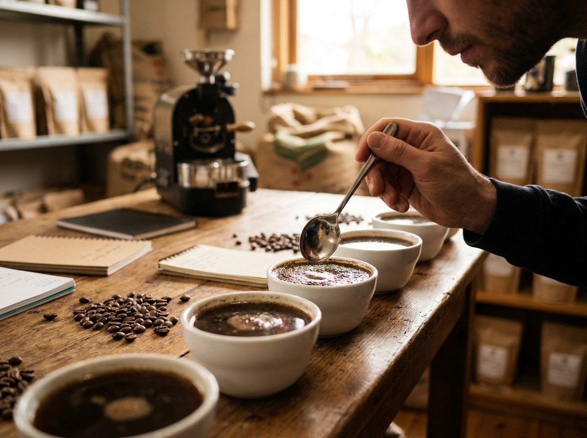 Catación de lote pequeño — cada tanda de café se cata contra el protocolo SCA