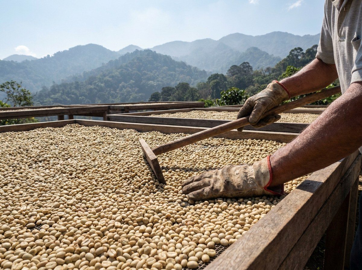 Café en pergamino secándose al sol en camas elevadas en la finca de Coatepec