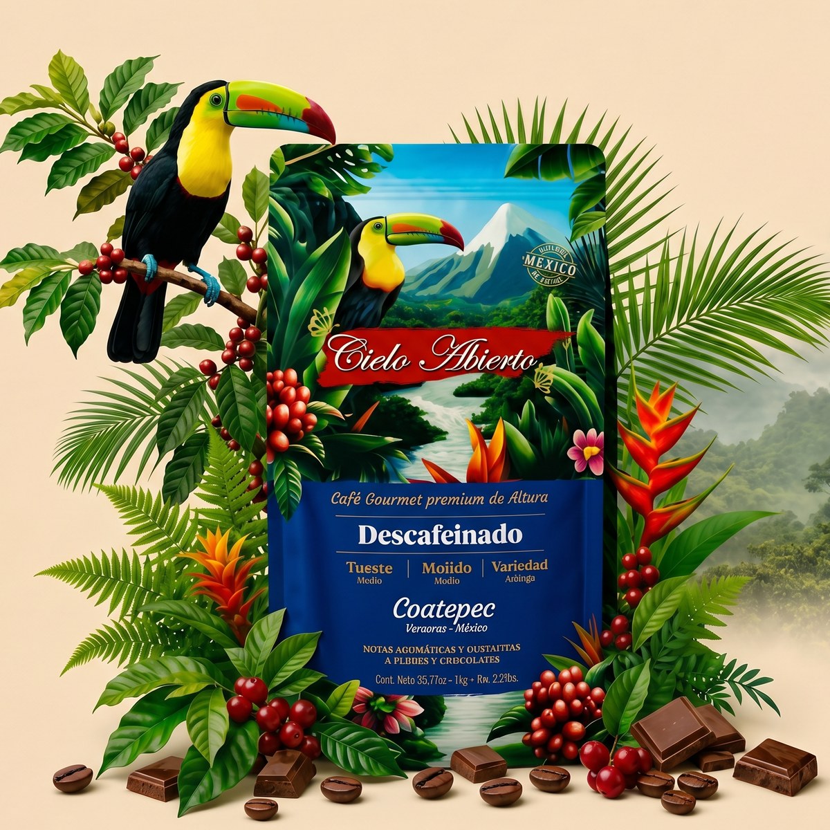 Cielo Abierto Decaf bag with toucan and coffee plants