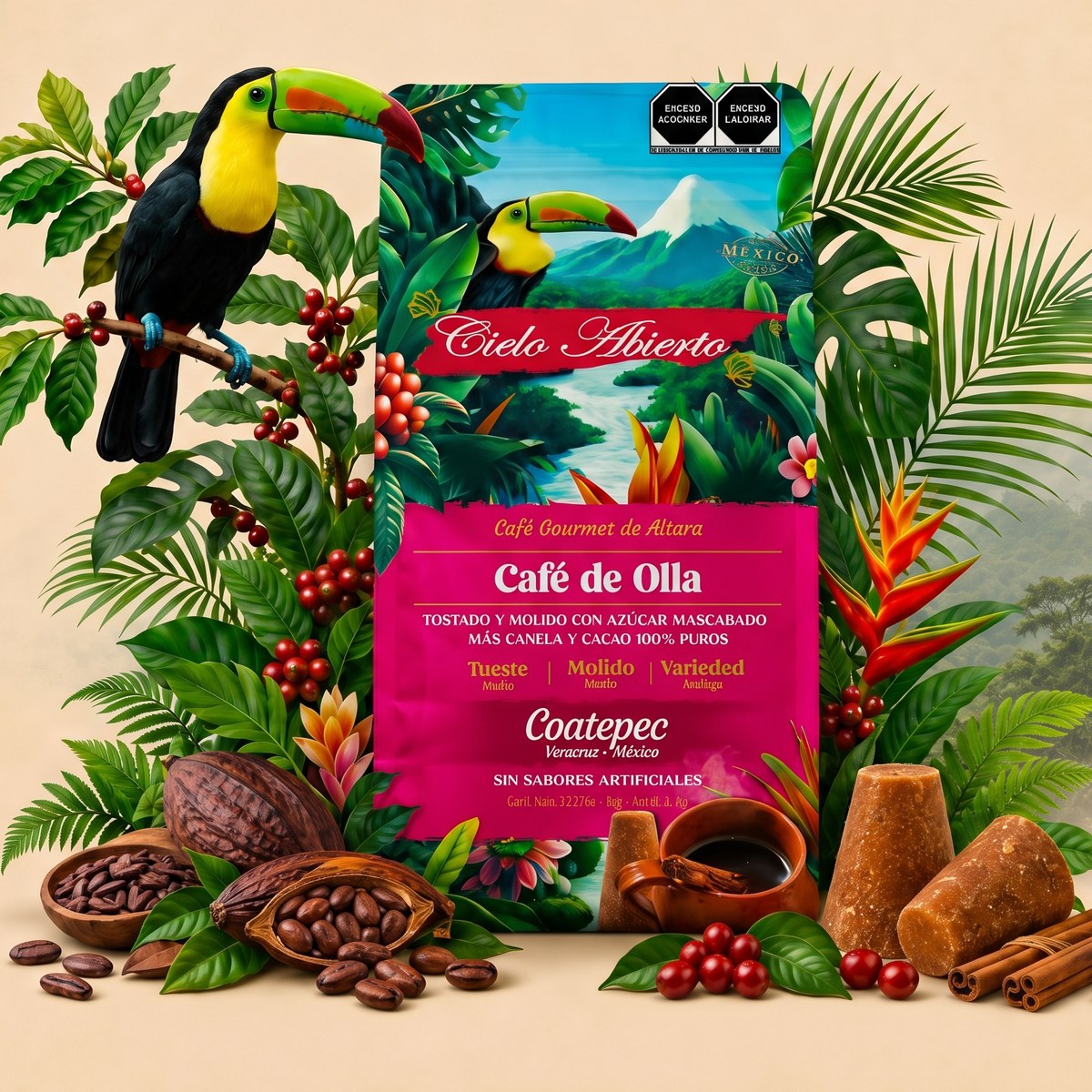 Cielo Abierto Café de Olla bag with toucan, cinnamon and cacao