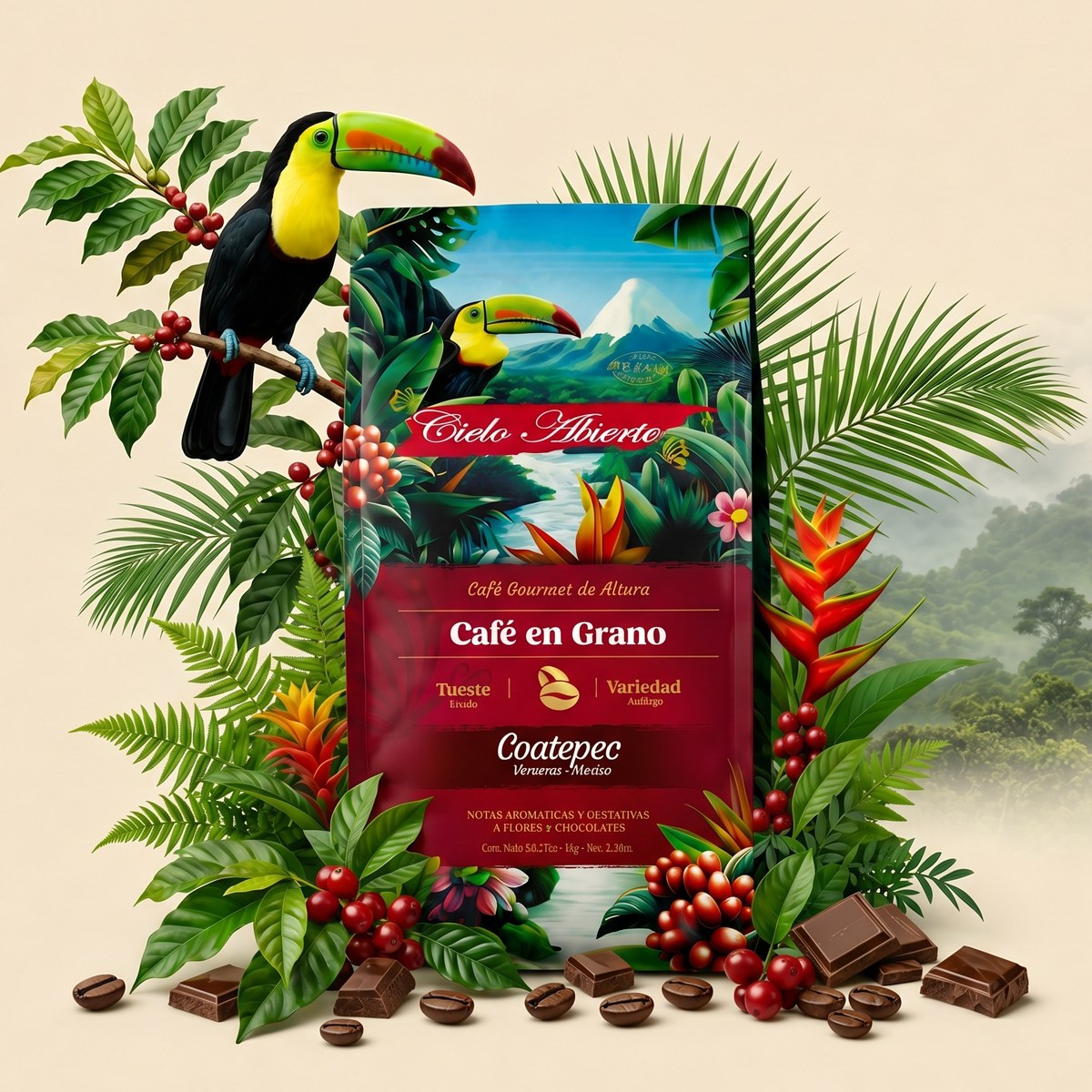 Cielo Abierto Café Tostado bag with toucan and coffee plants