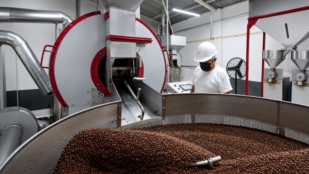 Tostadora de Cielo Abierto en plena operación — grano recién tostado saliendo al enfriador